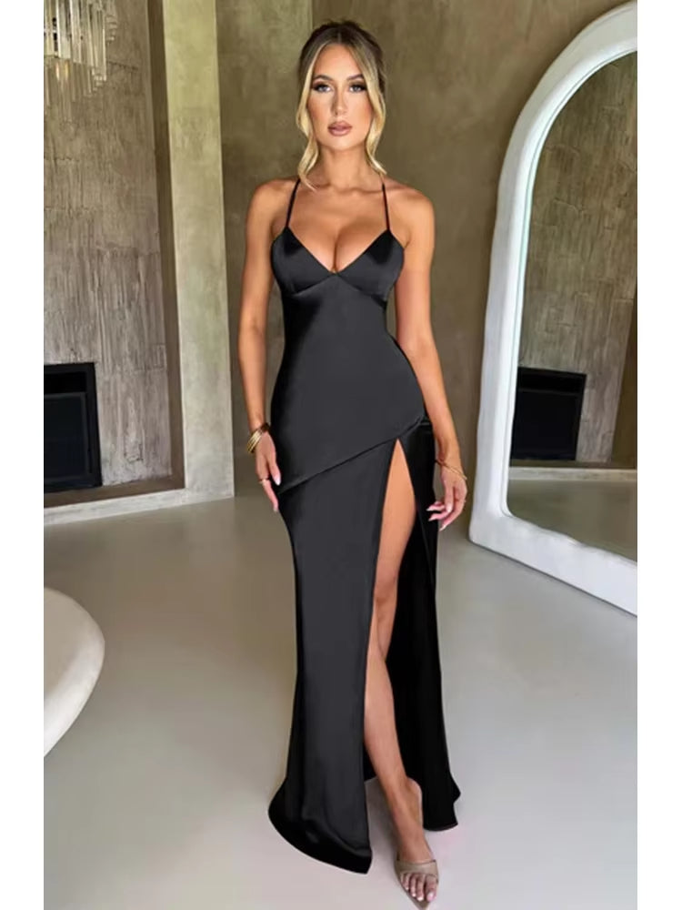 Vestidos formales/Vestidos elegantes con espalda descubierta y dobladillo dividido con tirantes finos para cóctel, fiesta, club, moda, satén, lisos, con cordones, vestidos largos de fiesta/tiendas de vestidos de fiesta